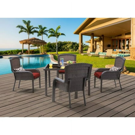 Hanover Outdoor Strathmere 5-Piece Dining Set with 48" Square Table, Crimson Red/Aged Barrel