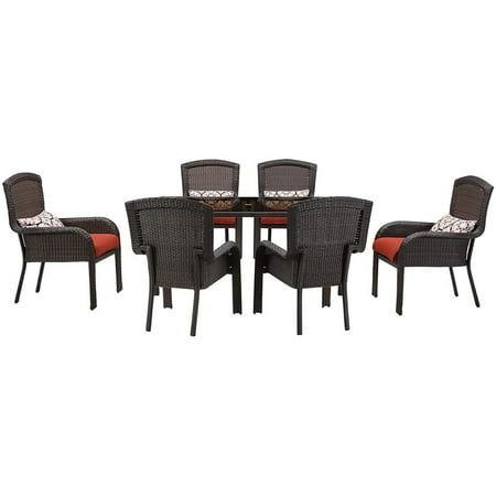 Hanover Outdoor Strathmere 7-Piece Dining Set, Crimson Red/Aged Barrel