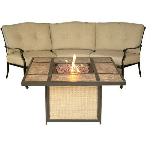 Hanover Outdoor Traditions 2-Piece Tile-Top Fire Pit Lounge Set, Natural Oat/Bronze