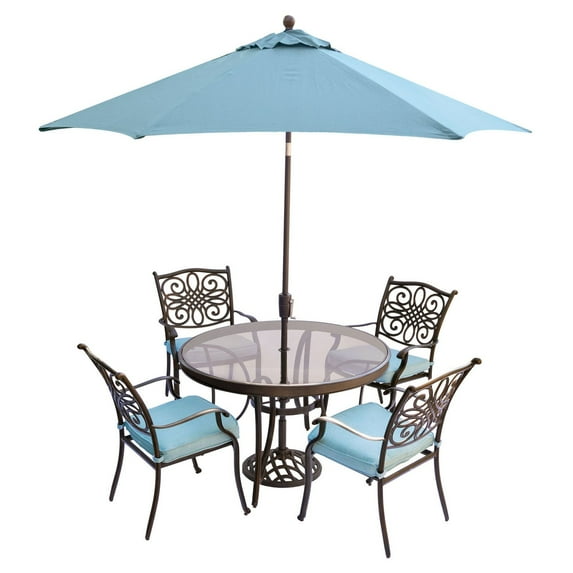 Hanover Outdoor Traditions 5-Piece Glass-Top Dining Set with Stationary Chairs and Umbrella with Stand