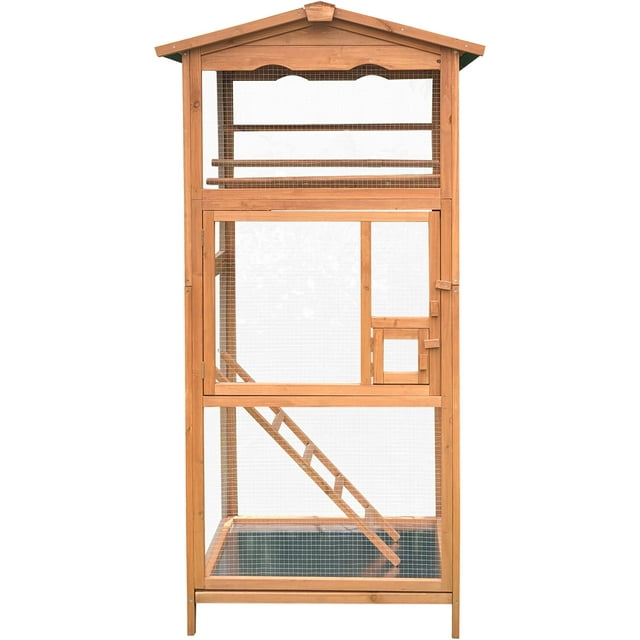Hanover Outdoor Wooden Bird Cage with 3 Resting Bars, Ladder, Waterproof Roof and Removable Tray, 2.9 Ft. x 2.1 Ft. x 5.8 Ft.
