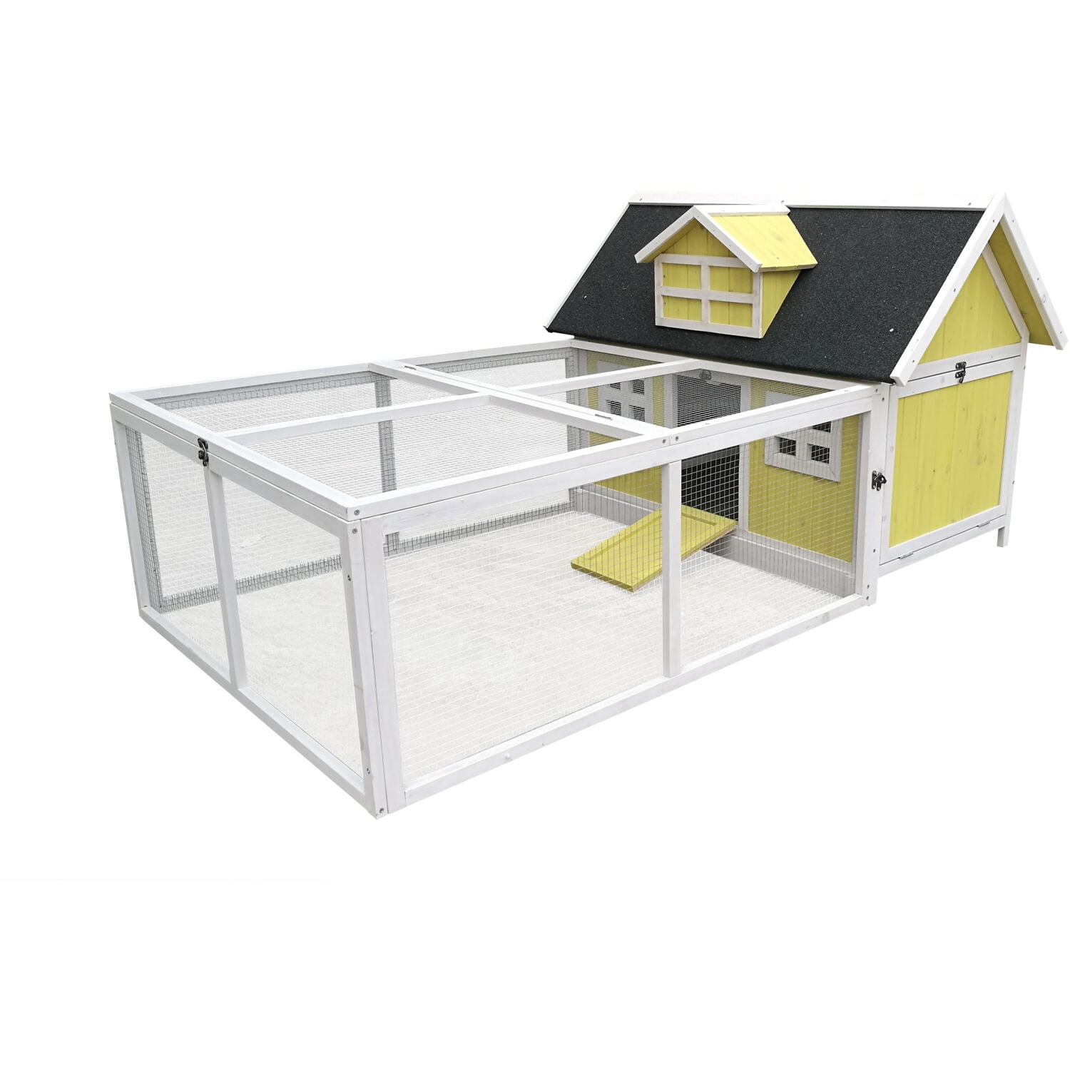 Yellow and White Wooden Chicken Coop with Large Wire Mesh Run