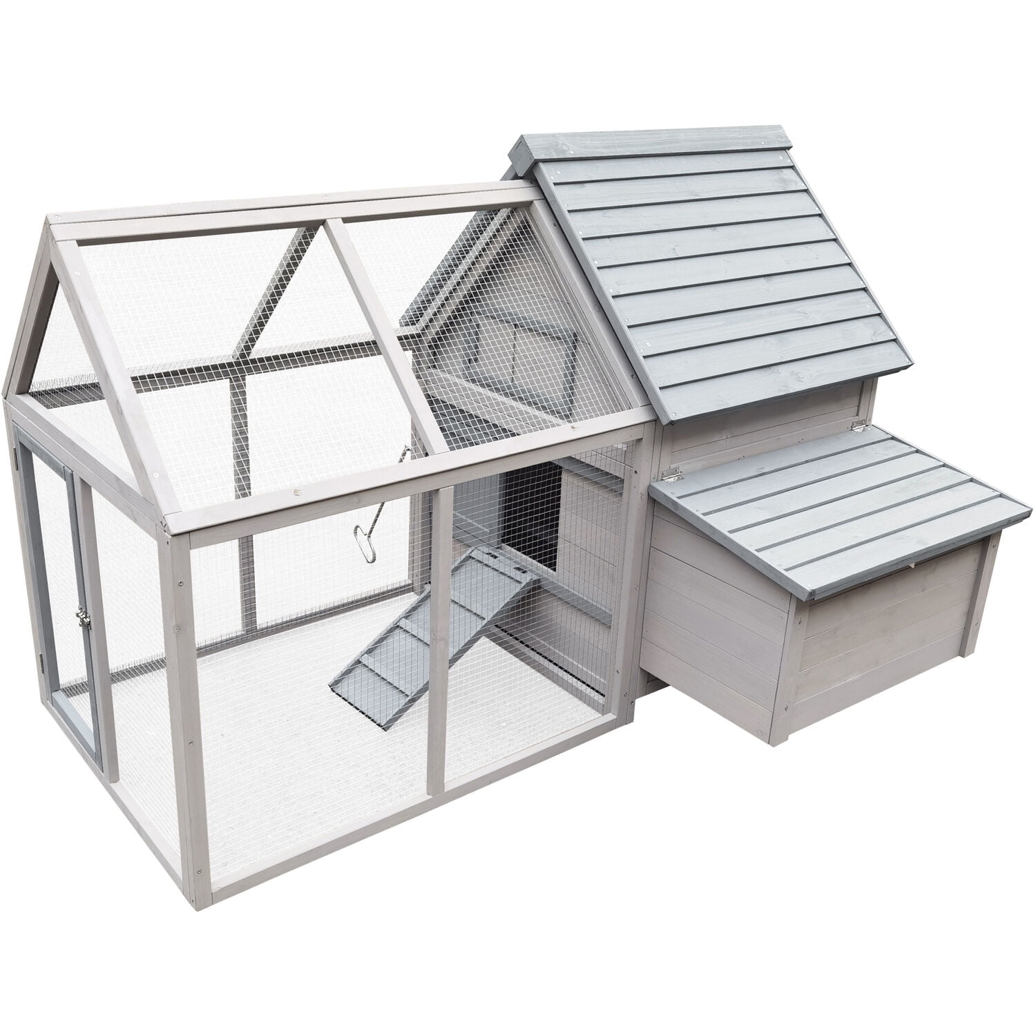 Gray Wooden Chicken Coop with Ramp and Waterproof Roof