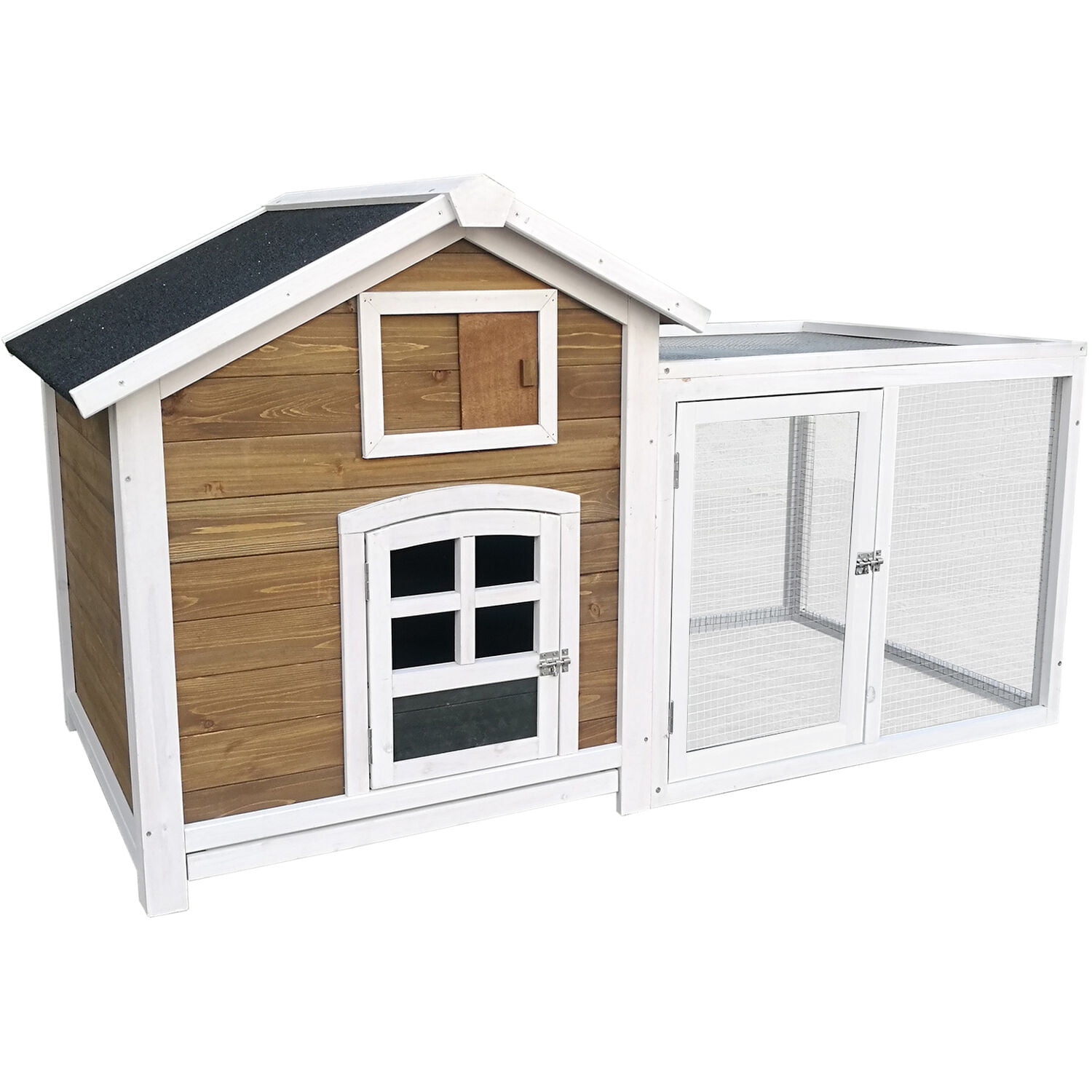 Brown and White Wooden Chicken Coop with Wire Mesh Run