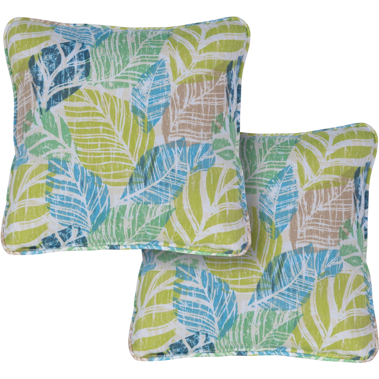 Hanover Green and Blue Palm Indoor/Outdoor Square Throw Pillows, Set of 2