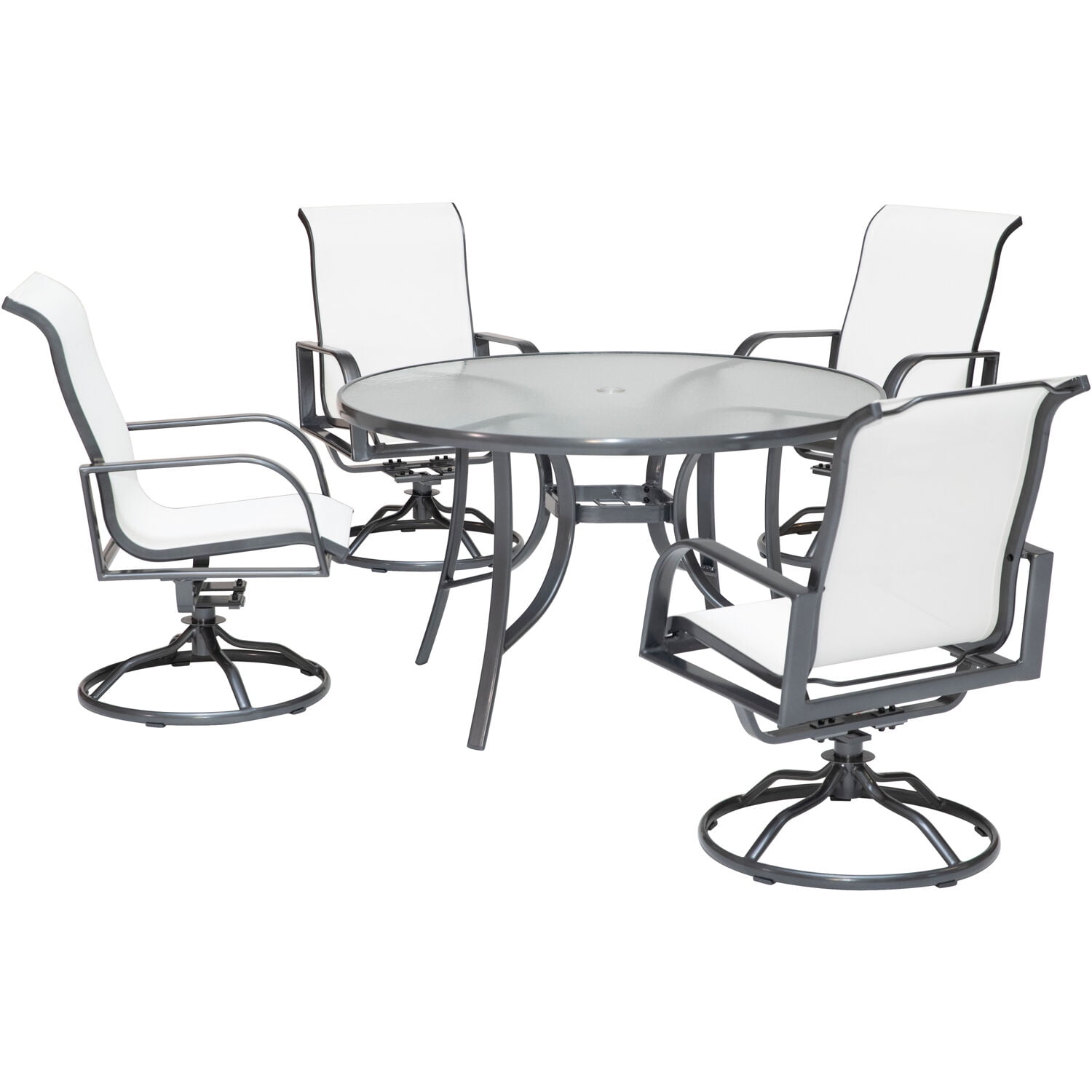 Hanover Phoenix 5-Piece Outdoor Furniture Patio Dining Set, 4 White Aluminum Sling Swivel Rocker Chairs and 48" Round Glass Table, Grey Finish, Rust-Free