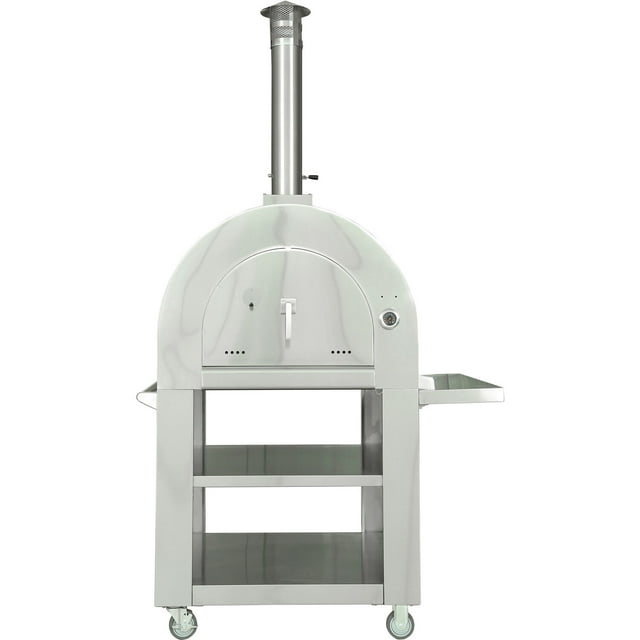 Hanover Portable Outdoor Wood Fired Pizza Oven | Stainless Steel Freestanding Homemade Pizza Maker with Built-In Thermometer, Shelves, Castors, and Ash-Tray