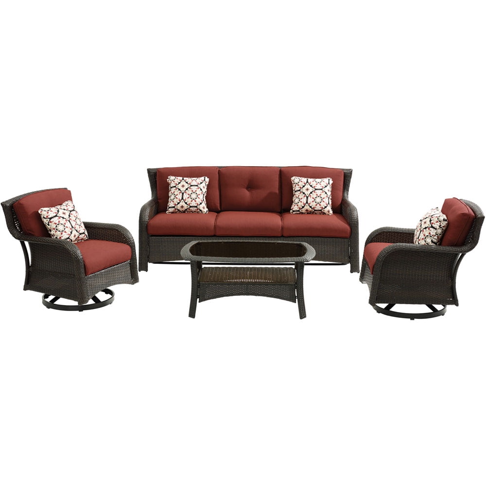 Hanover Strathmere 4-Piece Wicker and Steel Outdoor Conversation Set, Crimson Red