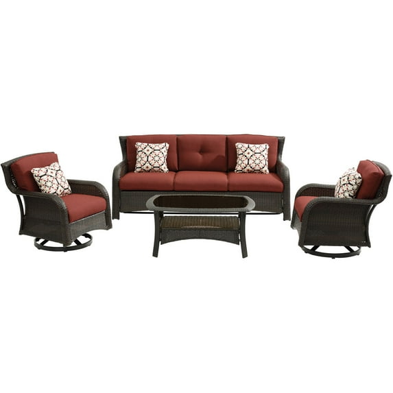 Hanover Strathmere 4-Piece Wicker and Steel Outdoor Conversation Set, Crimson Red