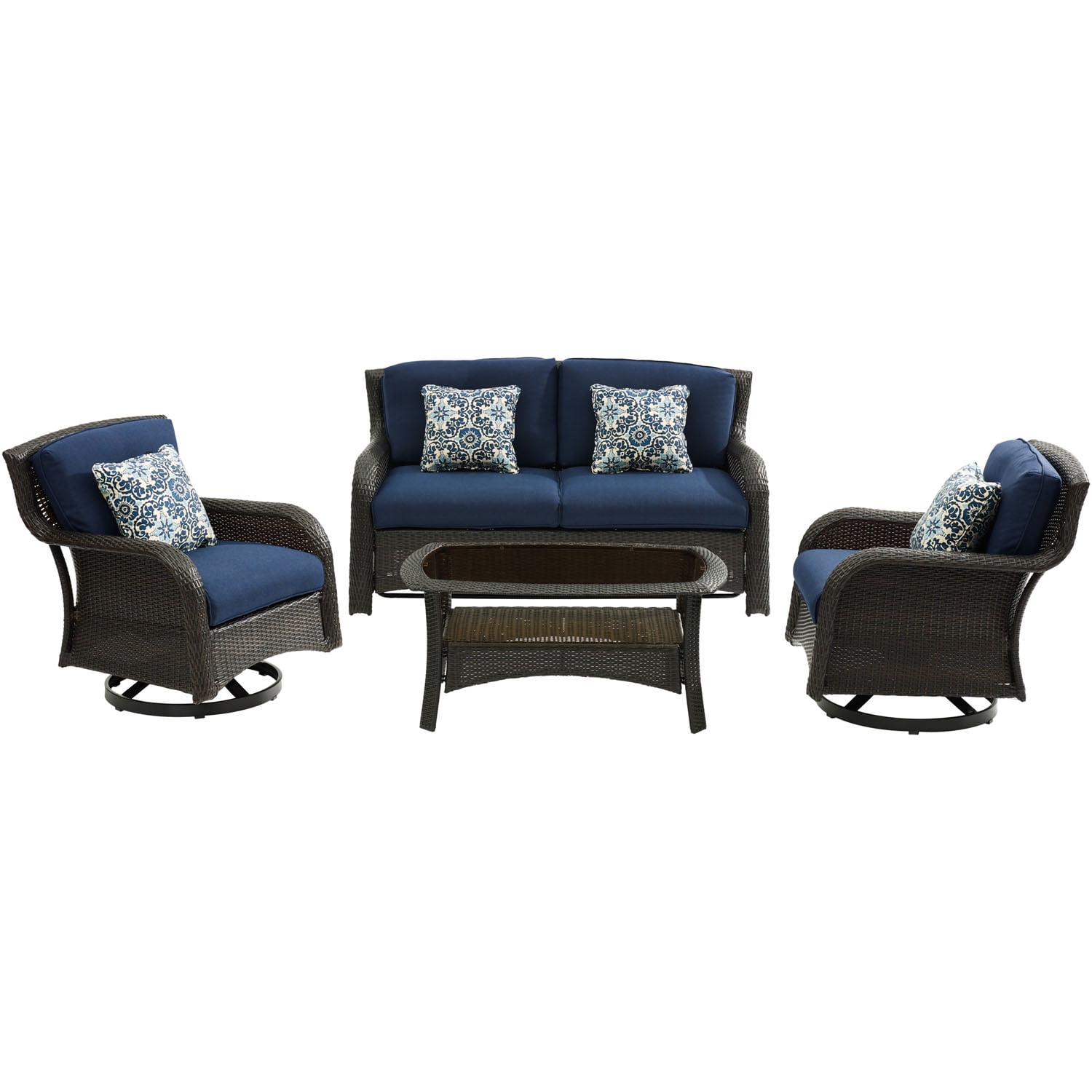 Hanover Strathmere 4-Piece Wicker and Steel Outdoor Conversation Set, Navy Blue