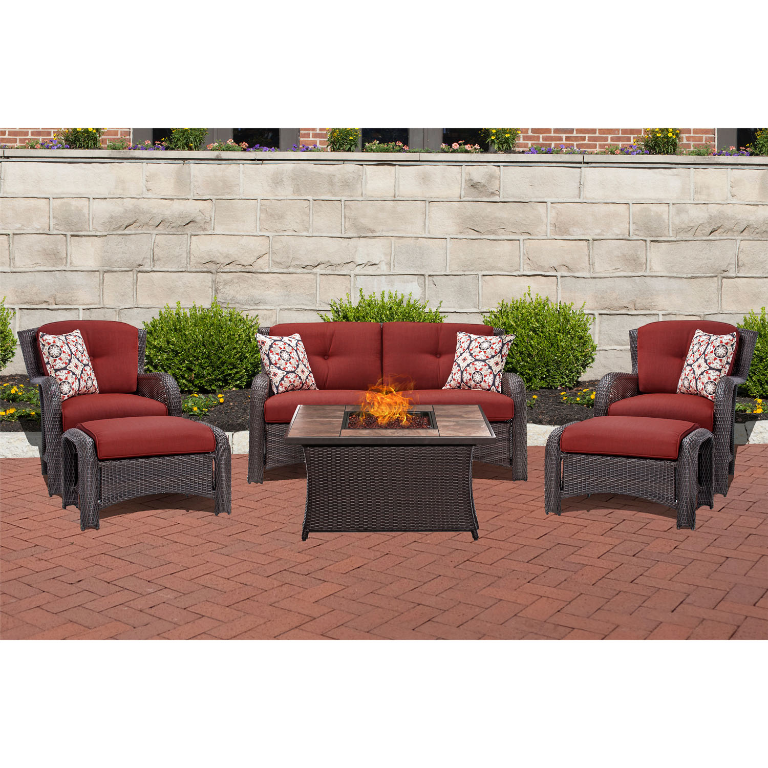 Hanover Strathmere 6 Pcs Wicker Fire Pit Chat Set, Crimson Red - image 1 of 10