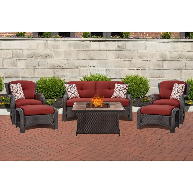 Hanover Strathmere 6 Pcs Wicker Fire Pit Chat Set, Crimson Red