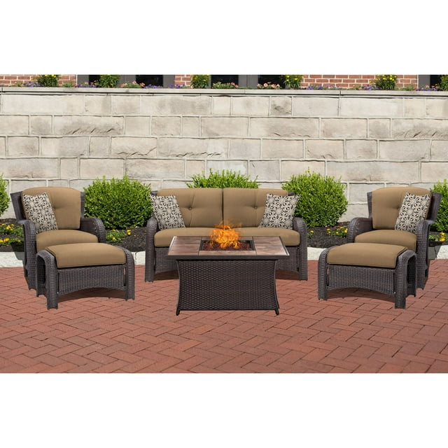 Hanover Strathmere 6-Piece Fire Pit Lounge Set with Faux-Stone Tile Top