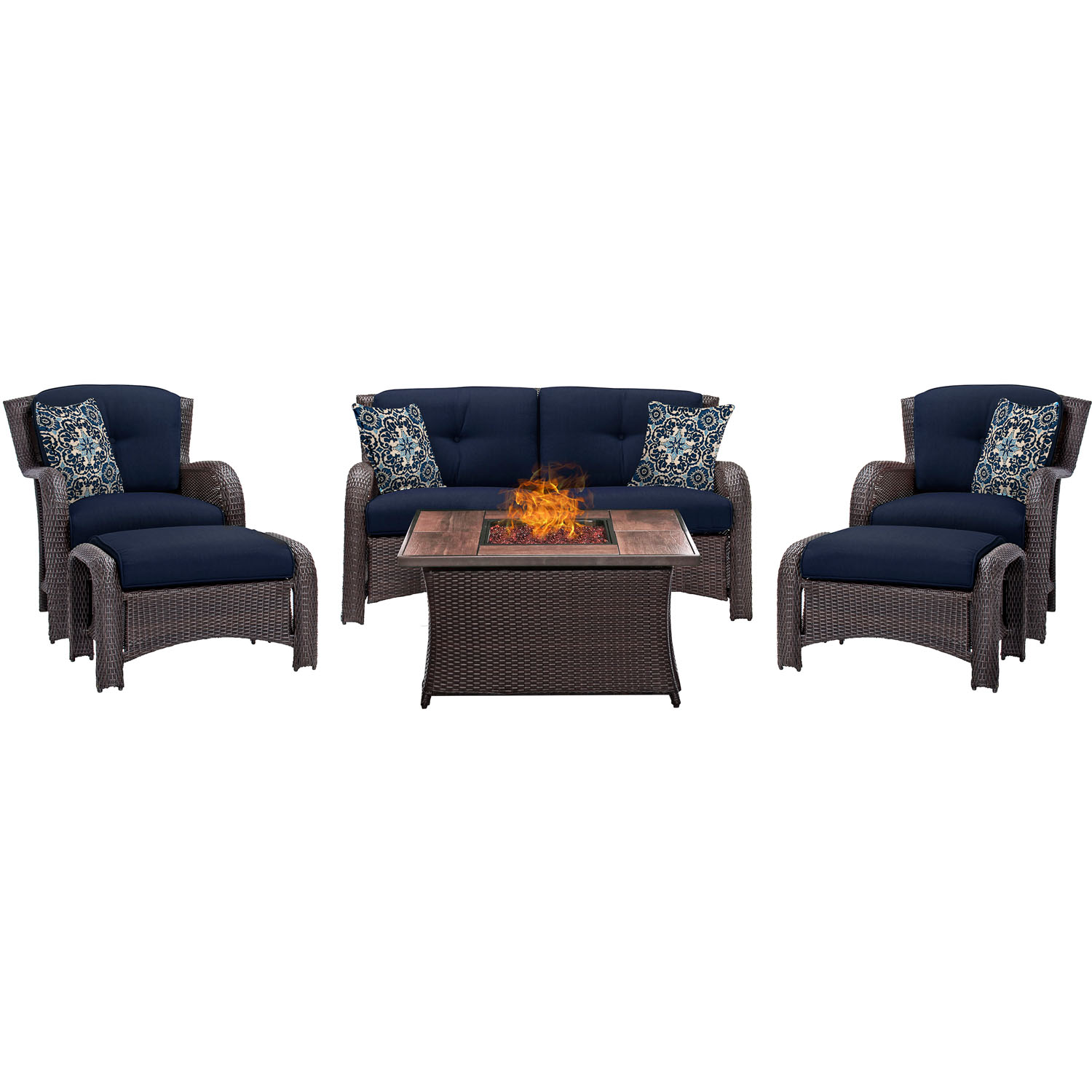 Hanover Strathmere 6-Piece Hand-Woven Wicker Chat Set with Fire Pit Table | Luxury Outdoor Furniture | UV Protected Cushions | Rust and Weather Resistant Frame | Navy | STRATH6PCFP-NVY-WG - image 1 of 12