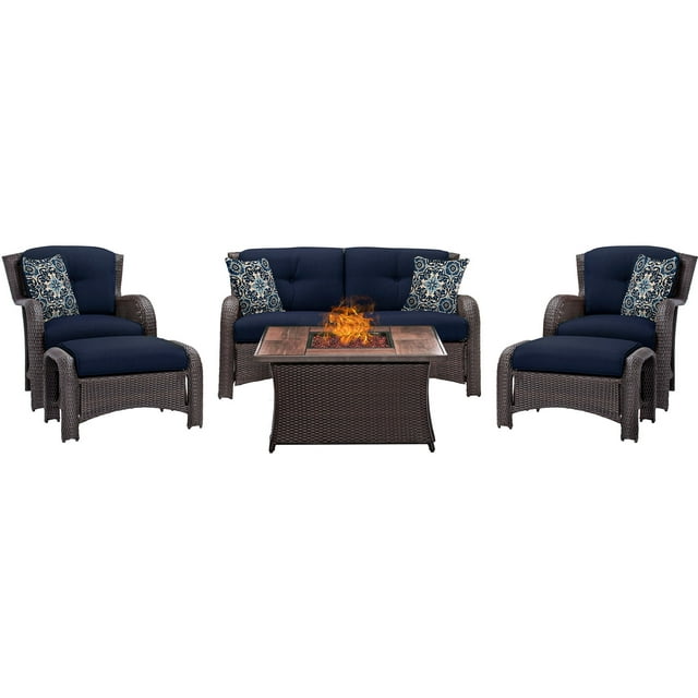 Hanover Strathmere 6-Piece Hand-Woven Wicker Chat Set with Fire Pit Table | Luxury Outdoor Furniture | UV Protected Cushions | Rust and Weather Resistant Frame | Navy | STRATH6PCFP-NVY-WG