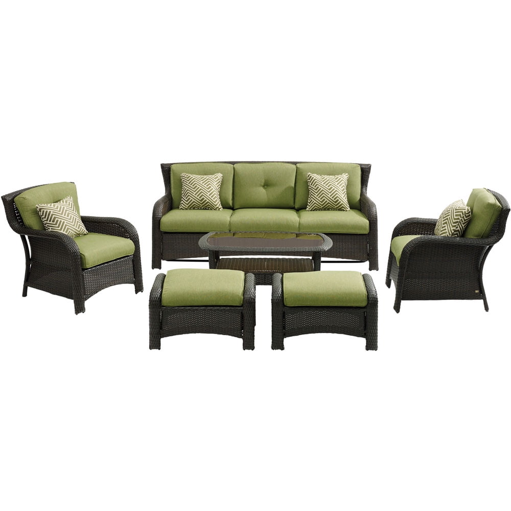 Hanover Strathmere 6-Piece Outdoor Patio Deep Seating Lounge Set with Sofa, 2 Arm Chairs, 2 Ottomans, 4 Accent Pillows, and a Tempered Glass-Top Coffee Table | STRATH6PC-S-GRN