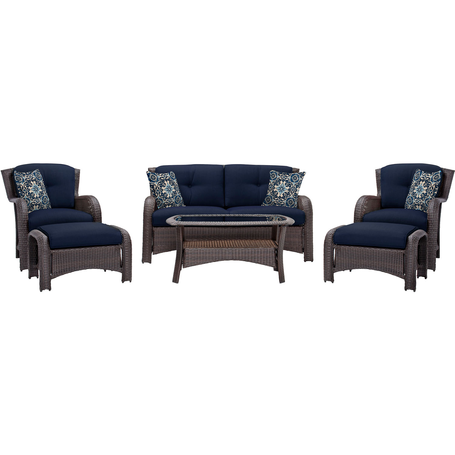 Hanover Strathmere 6-Piece Steel Outdoor Patio Deep Seating Set with Brown Wicker, Navy Blue Cushions, 4 Pillows and Glass Top Rectangular Coffee Table, STRATHMERE6PCNVY - image 1 of 18