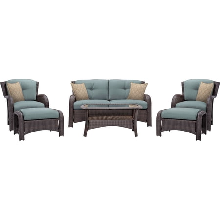 Hanover Strathmere 6-Piece Steel Outdoor Patio Deep Seating Set with Brown Wicker, Ocean Blue Cushions, 4 Pillows and Glass Top Rectangular Coffee Table, STRATHMERE6PCBLU