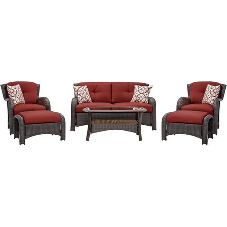 Hanover Strathmere 6-Piece Wicker and Steel Outdoor Conversation Set, Deep Red