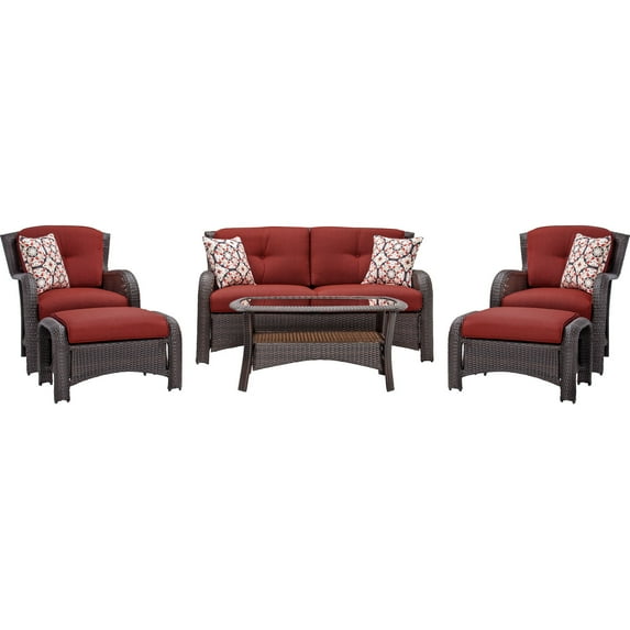 Hanover Strathmere 6-Piece Wicker and Steel Outdoor Conversation Set, Deep Red