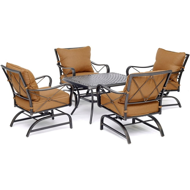 Hanover Summer Nights 5-Piece Conversation Set with 4 Cross-Back Rockers and a Cast-Top Coffee Table
