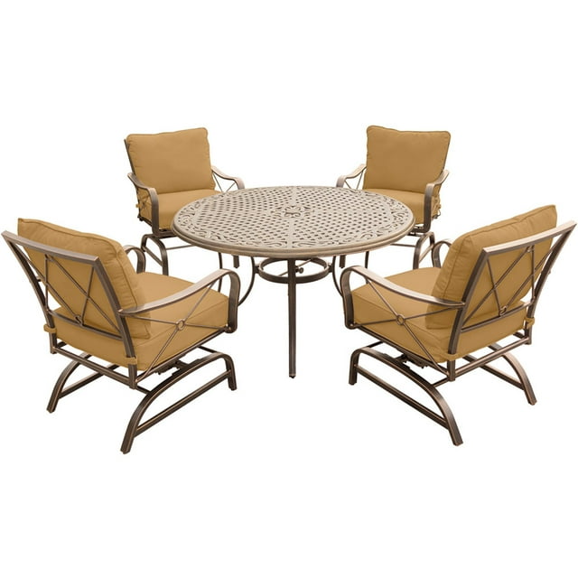 Hanover Summer Nights 5-Piece Dining Set with Four Cushioned Rockers and a 48 In. Cast-top Table