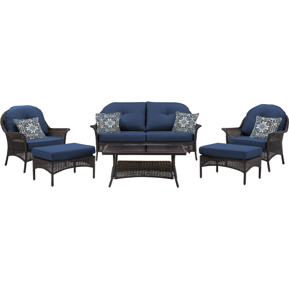 Hanover Sun Porch 6-Pc. Resin Lounge Set w/ Handwoven Loveseat, 2 Armchairs, 2 Ottomans, Coffee Table and Plush Navy Blue Cushions - image 1 of 14