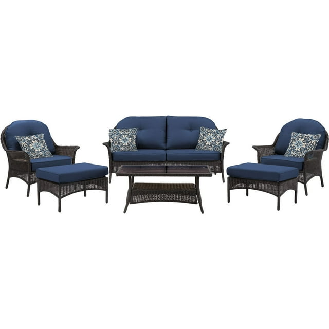 Hanover Sun Porch 6-Pc. Resin Lounge Set w/ Handwoven Loveseat, 2 Armchairs, 2 Ottomans, Coffee Table and Plush Navy Blue Cushions