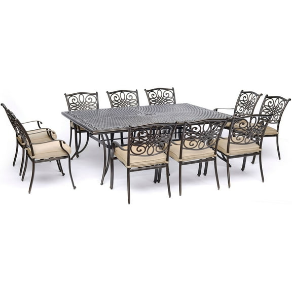 Hanover Traditions 11-Piece Outdoor Patio Dining Set with 60" x 84" Cast-Top Table and 10 Thick Foam Cushioned Chairs with Heavy-Duty Aluminum Frames | TRADDN11PC