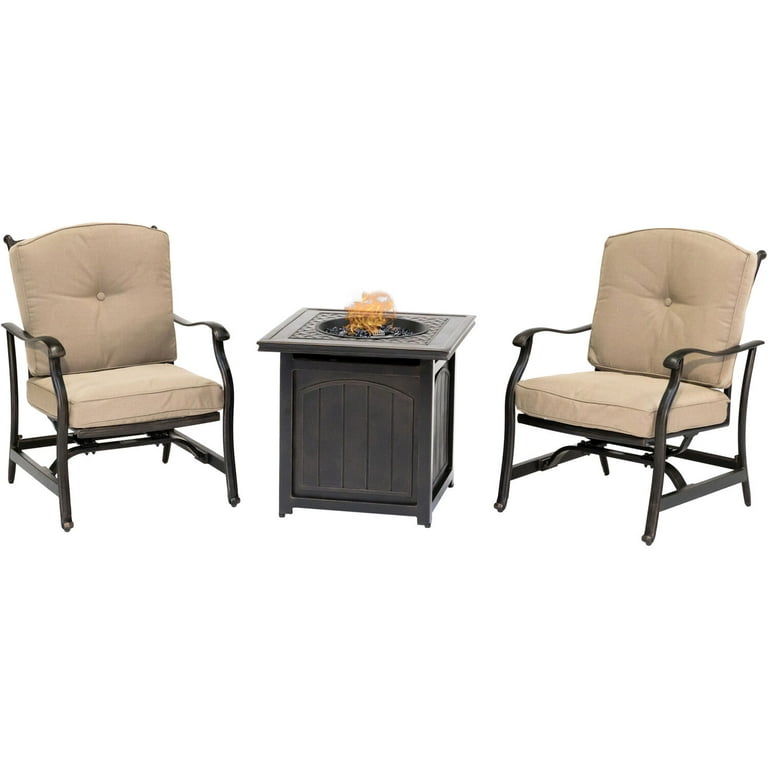 Hanover Traditions 3 Piece Fire Pit Chat Set in Natural Oat with 2 Cushioned Rockers and a 26 In. Square Fire Pit Side Table Walmart