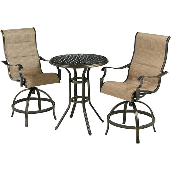 Hanover Traditions 3-Piece Outdoor High Dining Patio Set, 2 Counter-Height Padded Sling Swivel Chairs and 30" Round Cast Aluminum Table, Brushed Bronze Finish, Rust-Resistant, All-Weather