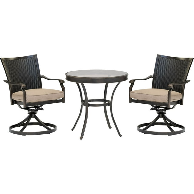 Hanover Traditions 3-Piece Outdoor Patio Bistro Set, 2 Aluminum Chairs and 30" Round Glass Table