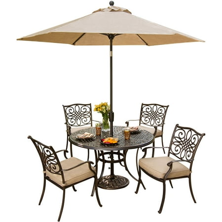 Hanover Traditions 5 Pcs Aluminum Outdoor Dining Set with Umbrella, Tan