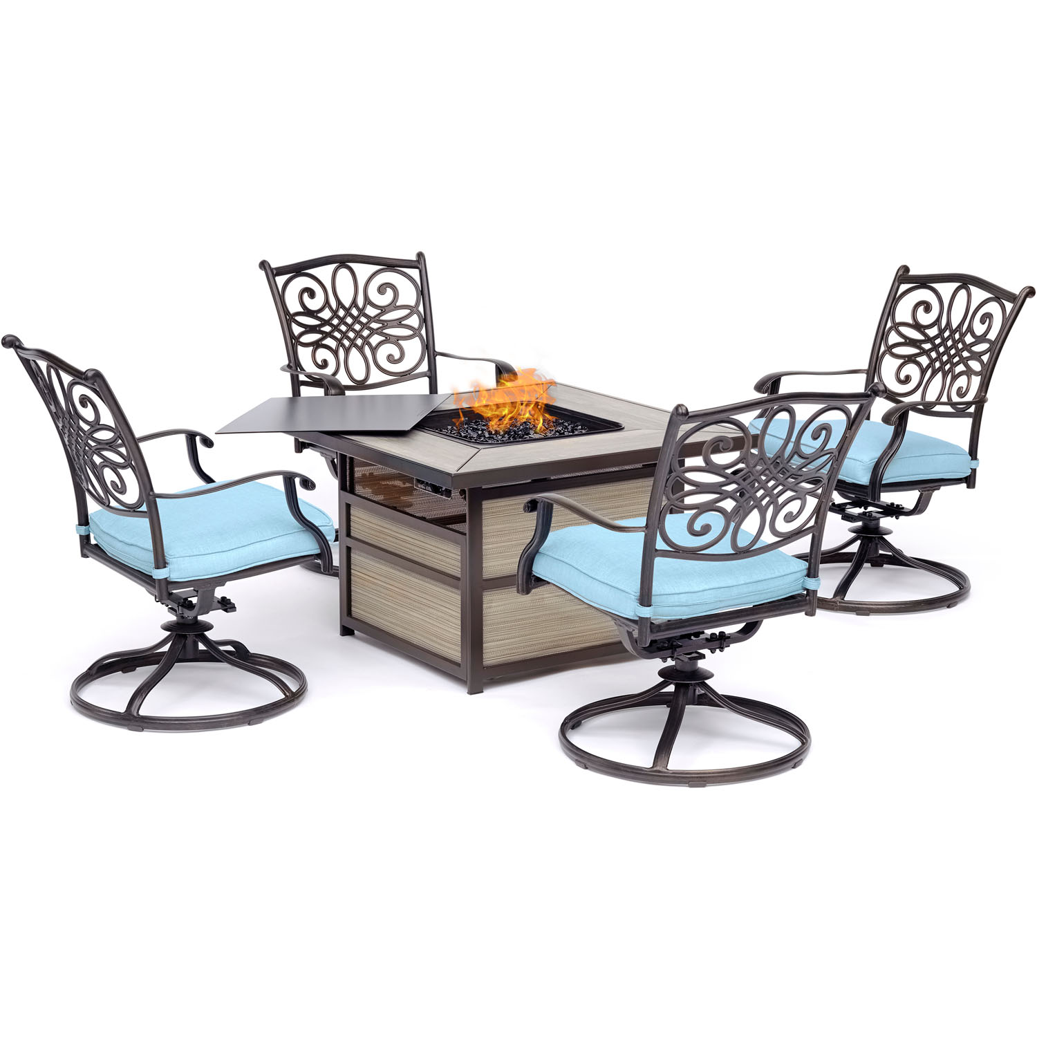 Hanover Traditions 5-Piece Aluminum Fire Pit Chat Set with 4 Swivel Rockers  Fire Pit Table, Blue - image 1 of 17