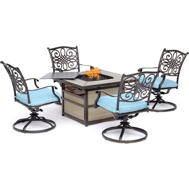 Hanover Traditions 5-Piece Aluminum Fire Pit Chat Set with 4 Swivel Rockers  Fire Pit Table, Blue