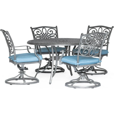 Hanover Traditions 5-Piece Dining Set with 4 Swivel Rockers and a 48 in. Round Table in a Gray Finish