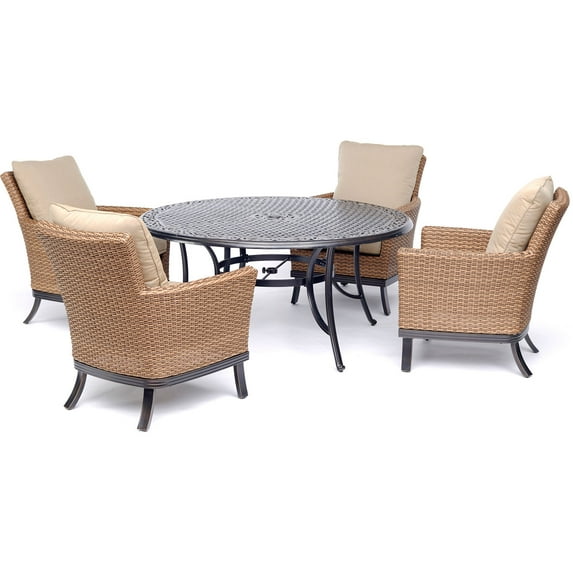 Hanover Traditions 5-Piece Dining Set with Four Woven Arm Chairs and a 60 In. Cast-Top Table