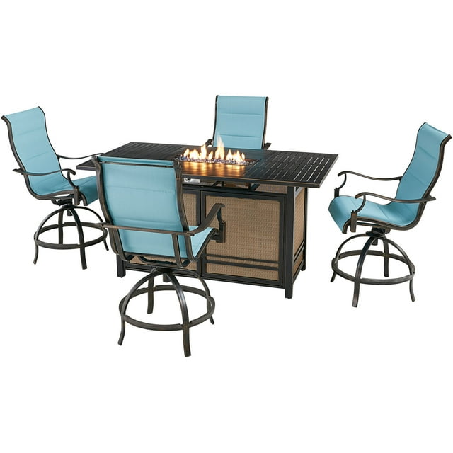Hanover Traditions 5-Piece High-Dining Set in Blue with 4 Padded Counter-Height Swivel Chairs and a 30,000 BTU Fire Pit Dining Table