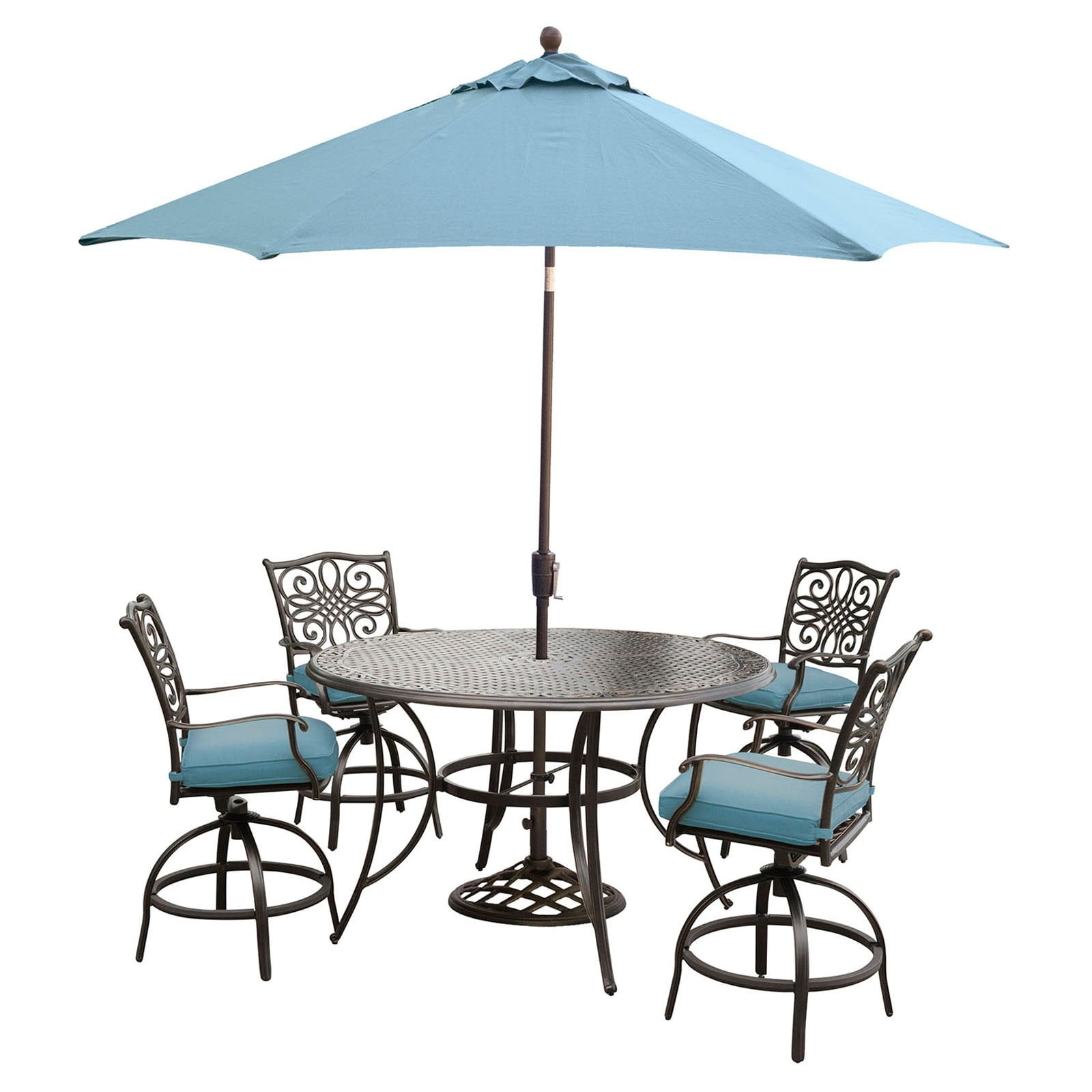 Hanover Blue 5-Piece High-Dining Set with Swivel Chairs and Cast-Top Table