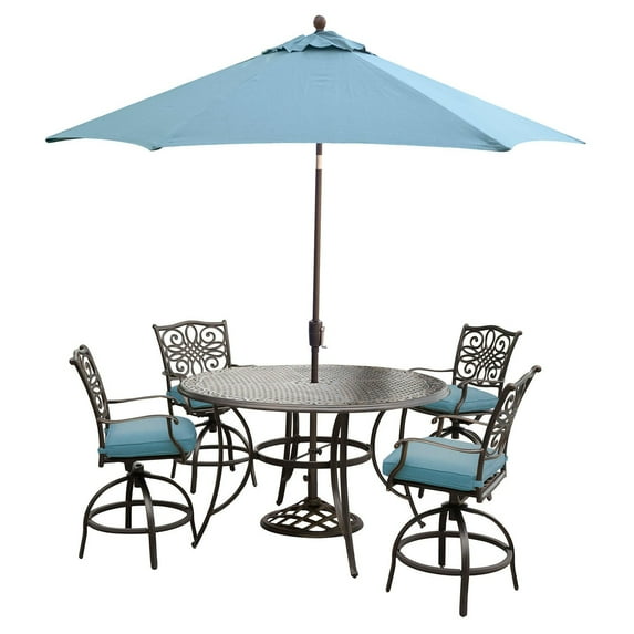 Hanover Traditions 5-Piece High-Dining Set in Blue with Four Swivel Chairs and a 60 In. Cast-top Table