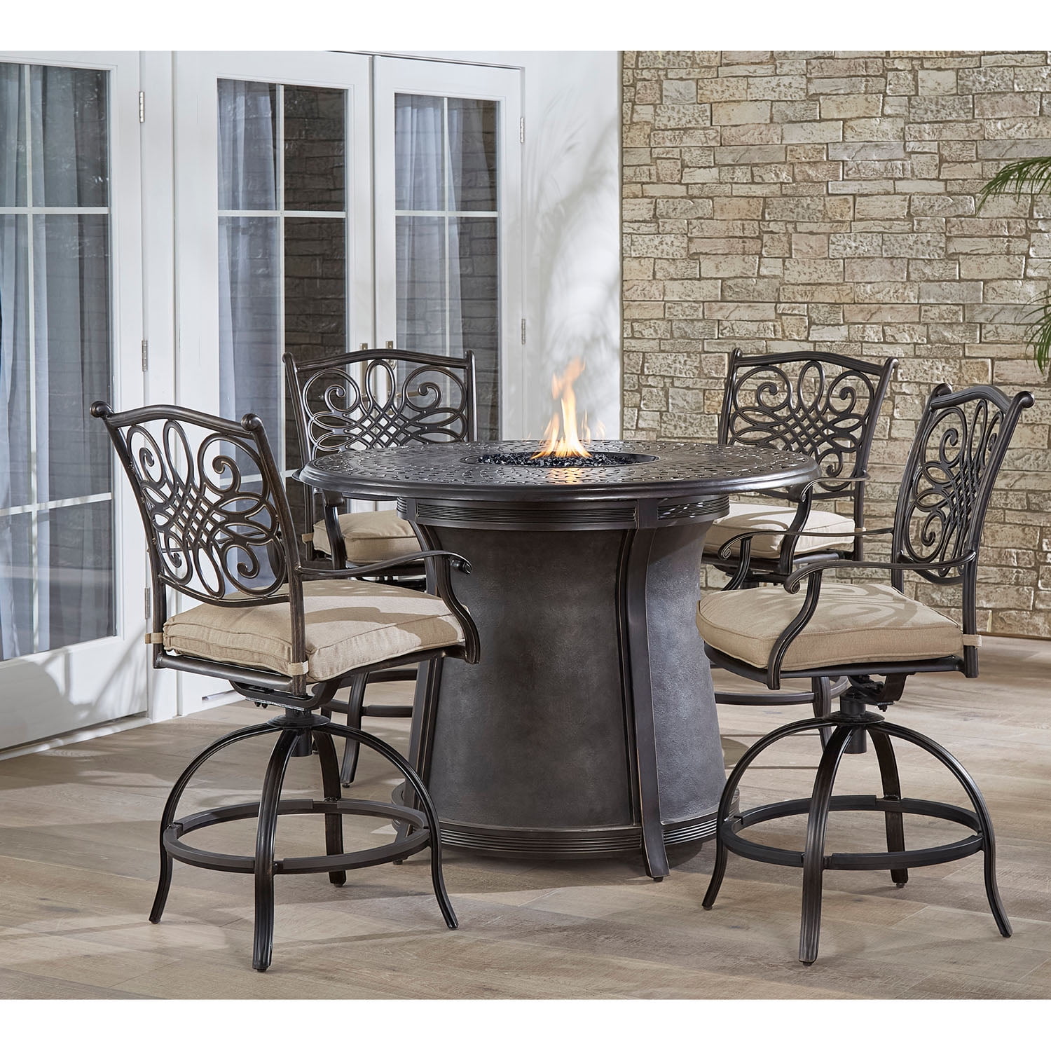 Tan Elegance 48" Aluminum High-Dining Fire Pit Set with 4 Swivel Chairs