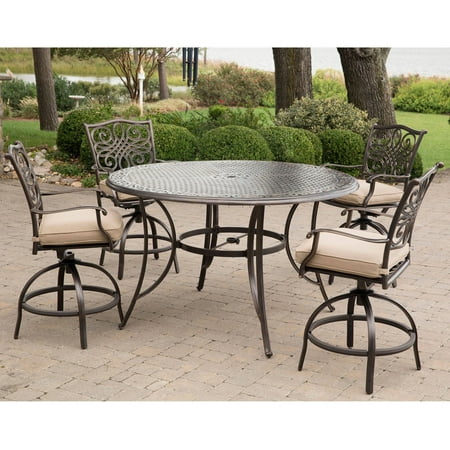 Hanover Traditions 5-Piece High-Dining Set in Tan with 4 Swivel Chairs and a 56 In. Cast-top Table