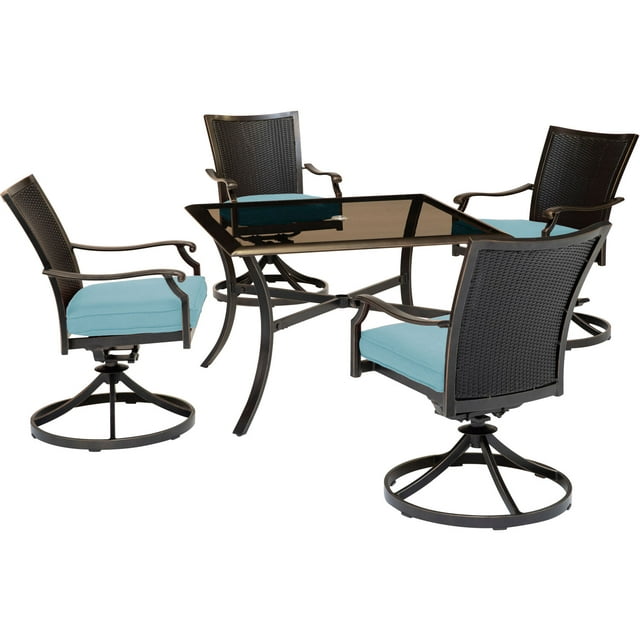 Hanover Traditions 5-Piece Outdoor Dining Set in Blue, 4 Wicker Back Swivel Rockers & 42 in Table