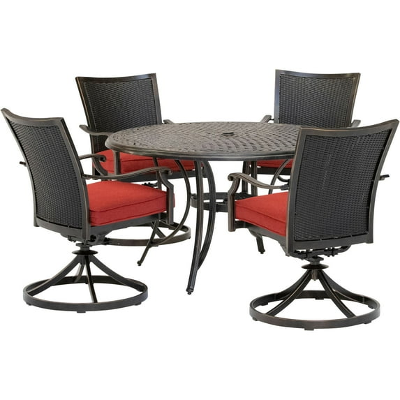 Hanover Traditions 5-Piece Outdoor Furniture Patio Dining Set, 4 Cushioned Wicker Back Cast Aluminum Swivel Rocker Chairs and 48" Round Cast Table, Br