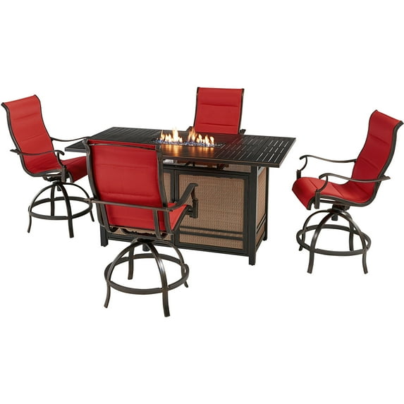 Hanover Traditions 5-Piece Outdoor High Dining Fire Patio Set, 4 Counter-Height Padded Sling Swivel Chairs and Slat-Top Gas Fire Pit Aluminum Table, Brushed Bronze Finish, Rust-Resistant, All-Weather