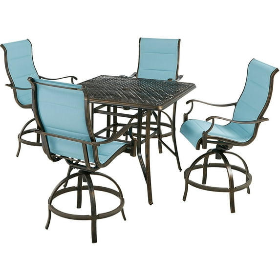 Hanover Traditions 5-Piece Outdoor High Dining Patio Set, 4 Counter-Height Padded Sling Swivel Chairs and 42" Square Cast Aluminum Table, Brushed Bronze Finish, Rust-Resistant, All-Weather