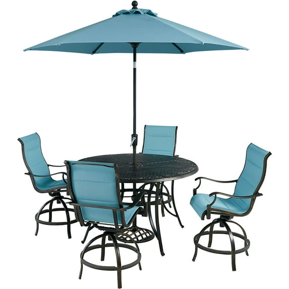 Hanover Traditions 5-Piece Outdoor High Dining Patio Set, 4 Counter-Height Padded Sling Swivel Chairs, 56" Round Cast Aluminum Table, 9' Umbrella, and Umbrella Base, Rust-Resistant, All-Weather
