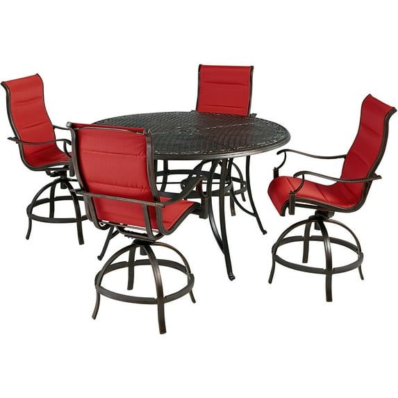 Hanover Traditions 5-Piece Outdoor High Dining Patio Set, 4 Counter-Height Padded Sling Swivel Chairs and 56" Round Cast Aluminum Table, Brushed Bronze Finish, Rust-Resistant, All-Weather