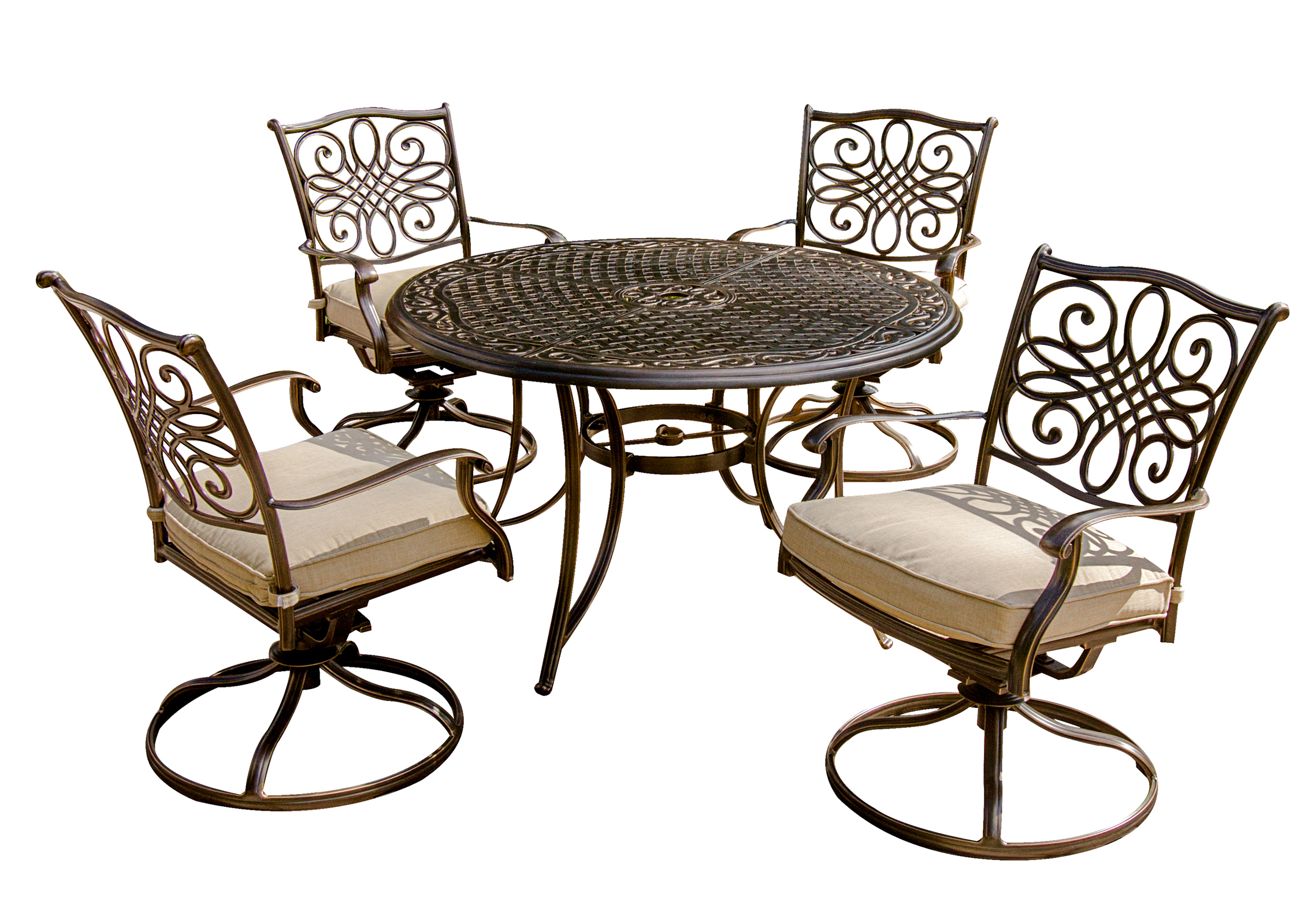 Hanover Traditions 5-Piece Patio Dining Set with 4 Swivel Rocker Chairs with Tan Cushions and 48" Round Cast Dining Table, Patio Dining Set for 4, Premium Weather Resistant Outdoor Furniture - image 1 of 17