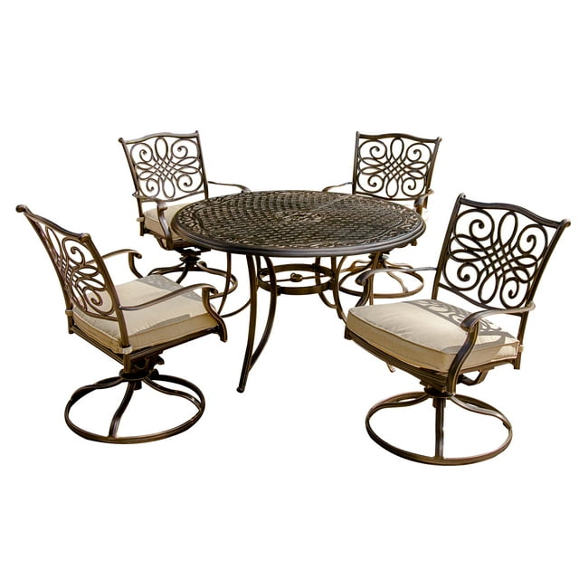 Hanover Traditions 5-Piece Patio Dining Set with 4 Swivel Rocker Chairs with Tan Cushions and 48" Round Cast Dining Table, Patio Dining Set for 4, Premium Weather Resistant Outdoor Furniture